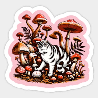 Cute kitty in a mushroom garden Sticker